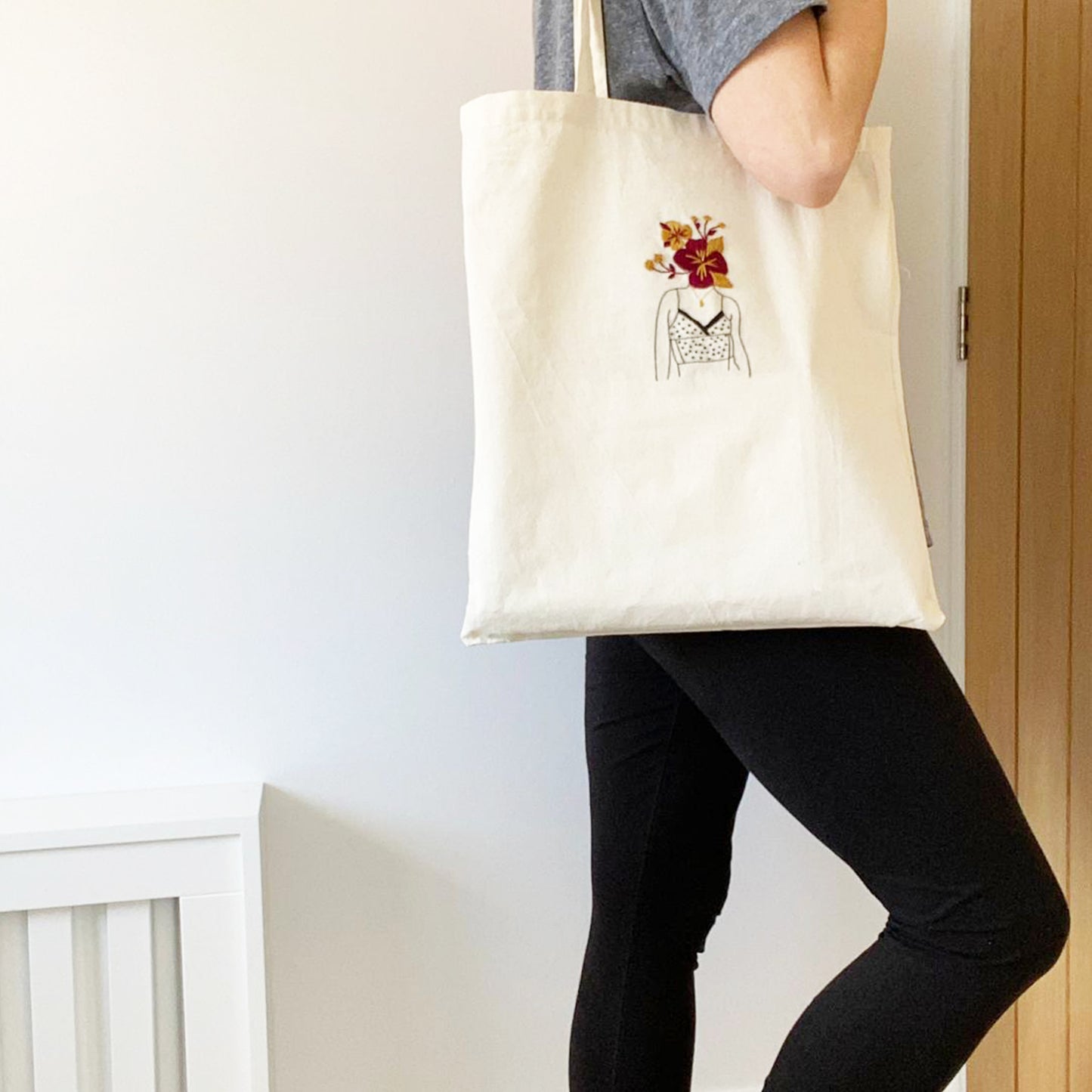 'Embroidered Lady' Machine Embroidered Tote Bag