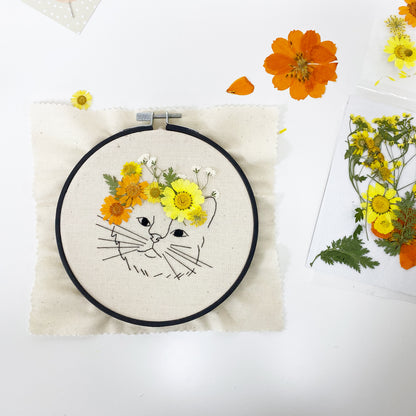 Dried Flower Crown Cat Embroidery Kit