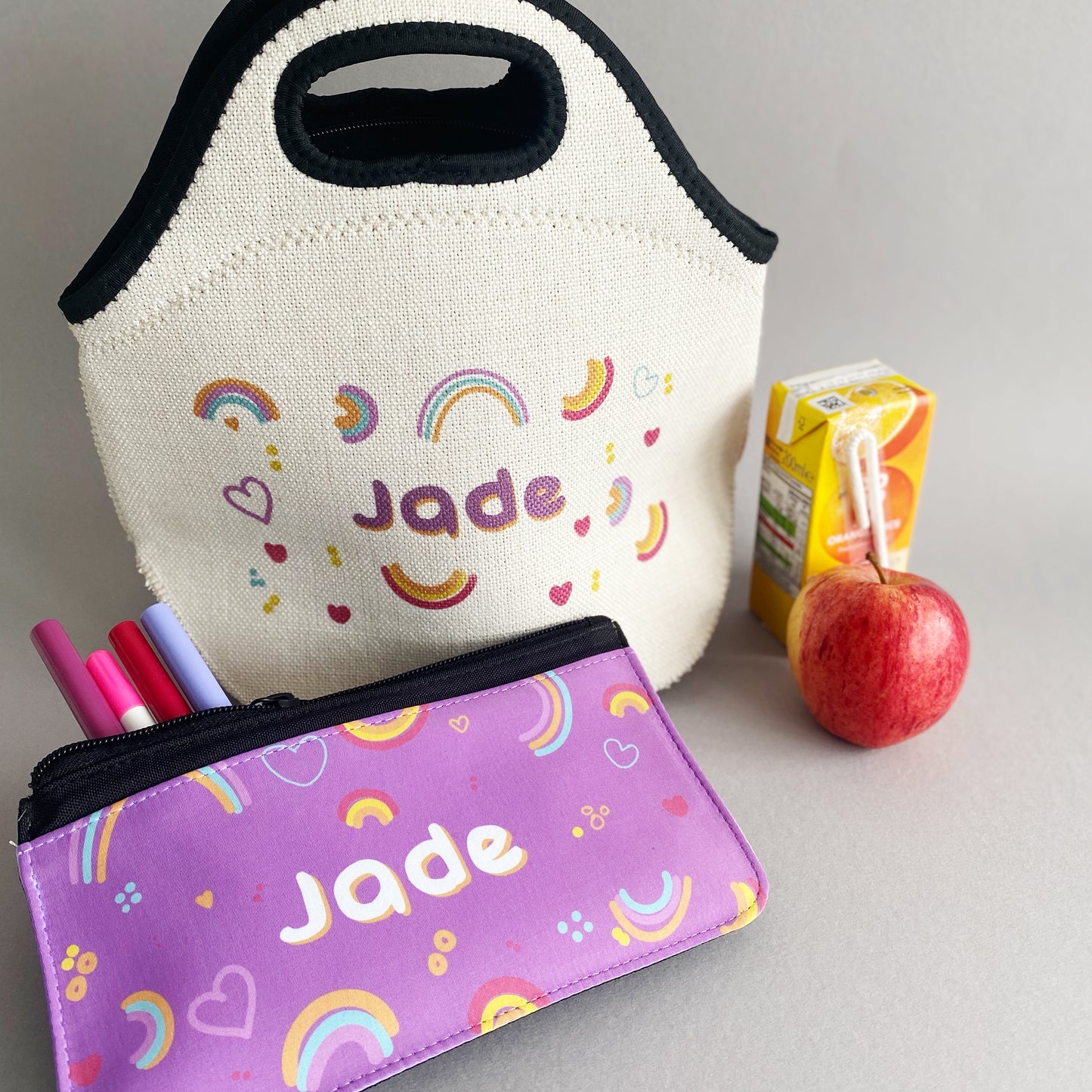 Personalised Rainbow Themed Lunch Bag & Pencil Case Bundle