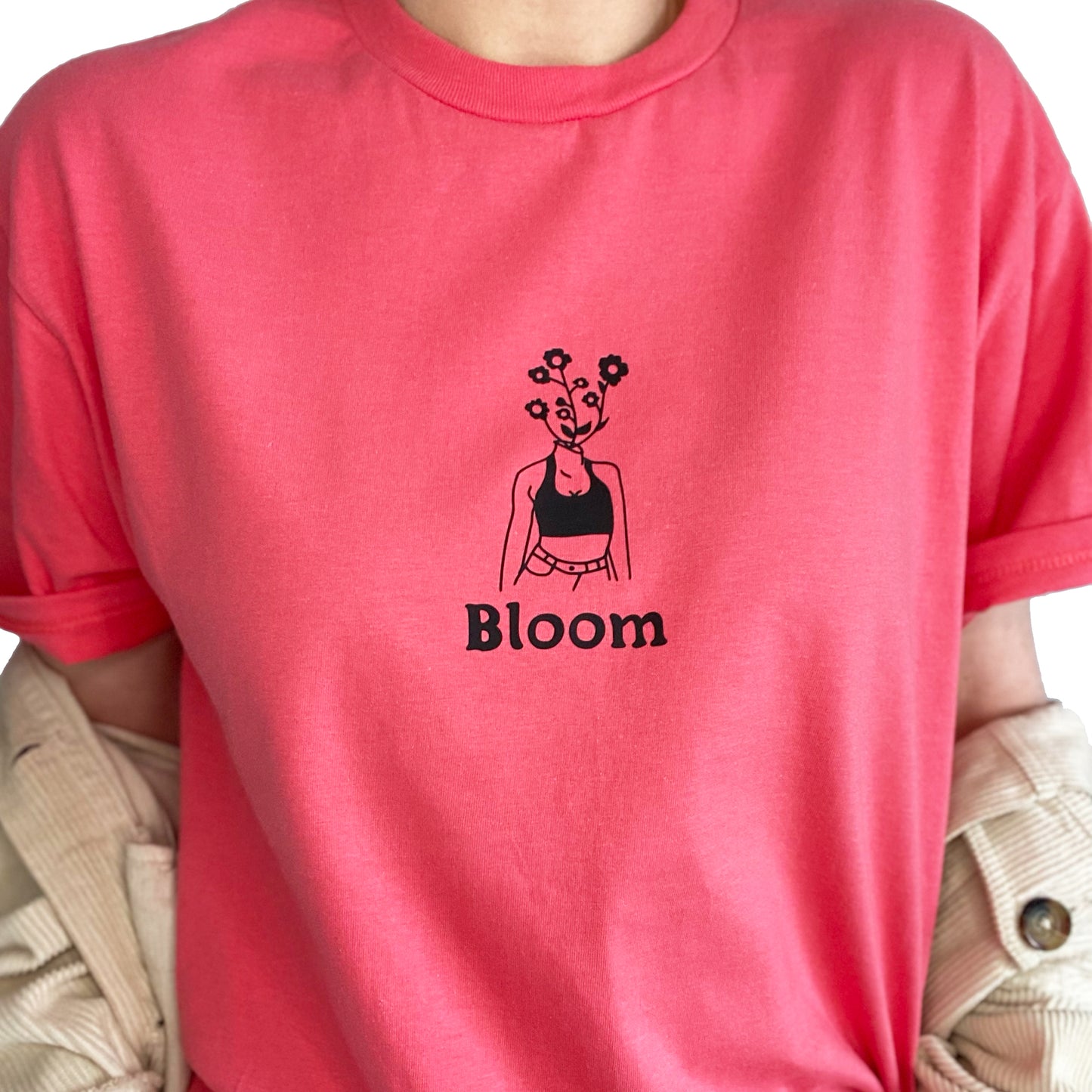 'Bloom' feminist graphic tee in coral