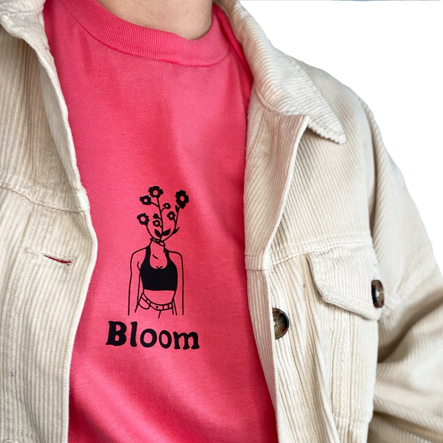 'Bloom' feminist graphic tee in coral