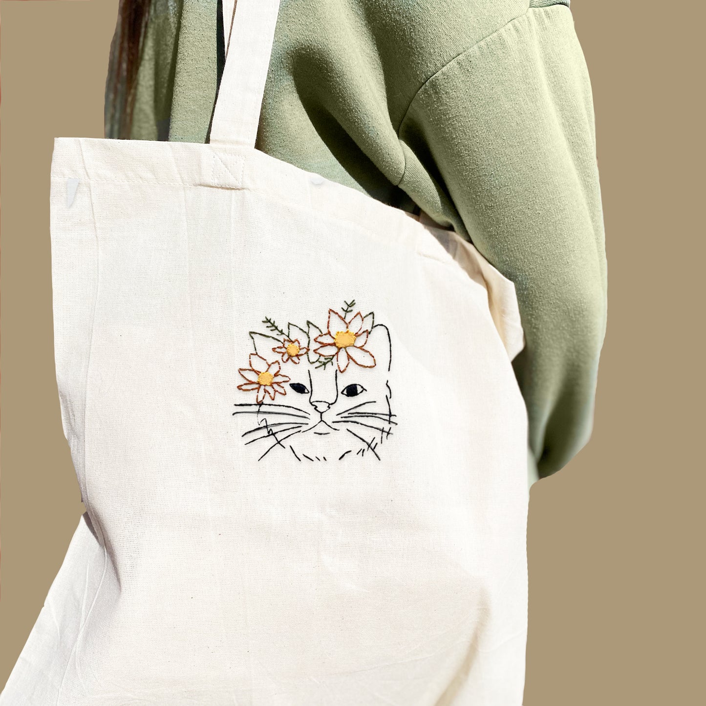 'Flower Crown Kitty' Machine Embroidered Tote Bag