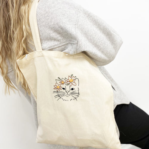 'Flower Crown Kitty' Machine Embroidered Tote Bag