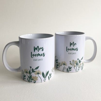 Mr & Mrs Rustic Floral Mugs, Personalised.