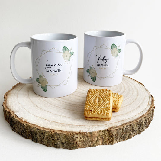 Mr & Mrs Geometric Floral Mugs, Personalised.