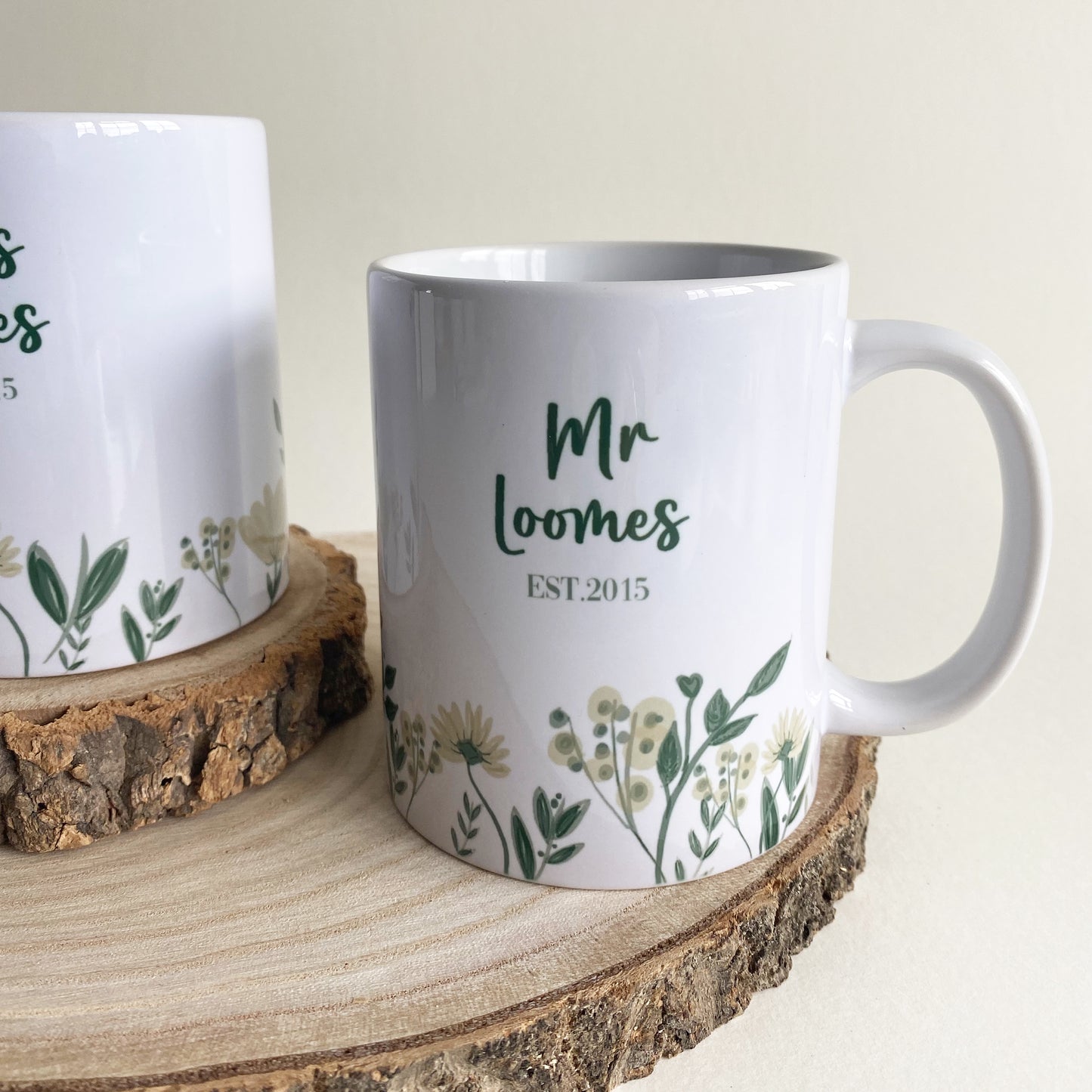 Mr & Mrs Rustic Floral Mugs, Personalised.